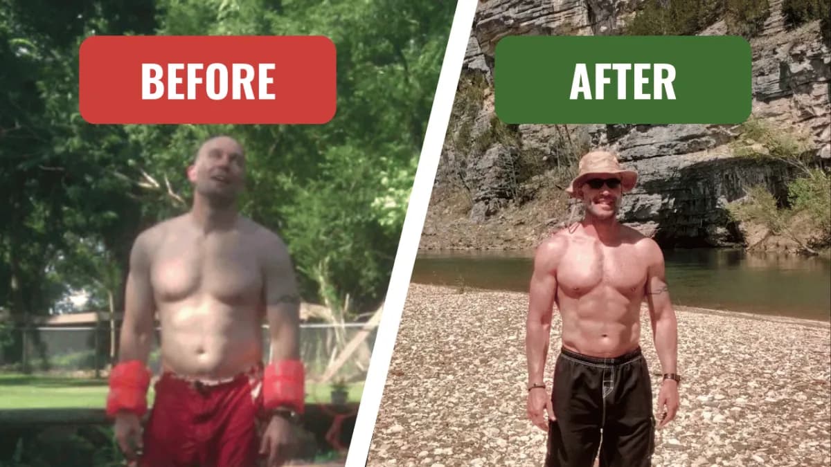 Rob Yahn, founder of Fit 901 and a Memphis Fire Department Fire Lieutenant, in a labeled before-and-after photo — the earlier photo on the left, the later photo on the right showing a leaner, more muscular build.